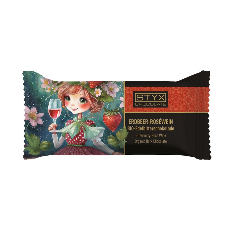 BIO-Edelbitterschokolade gefüllt mit 70% Erdbeer- & Roséwein-Ganache 70g